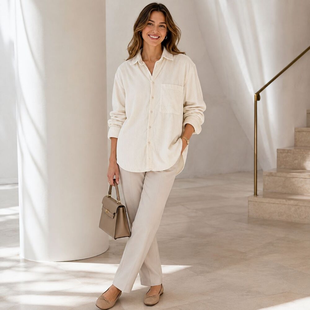 AYR Women’s XS Button Down Shirt 100% Cotton Long Sleeve Corduroy Cream PORTUGAL